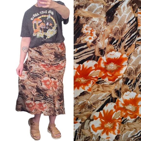 Vintage Brown Orange Metallic Floral Mesh Midi Lined Skirt *Fits Like Large - Picture 3 of 11